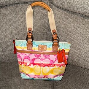 Coach Hampton Weekend Watercolor Rainbow Canvas Tote-small